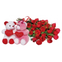 Couple bear with hearts & 24 stems Red Roses Bouquet