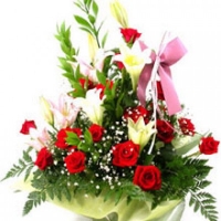 Lily and red roses basket